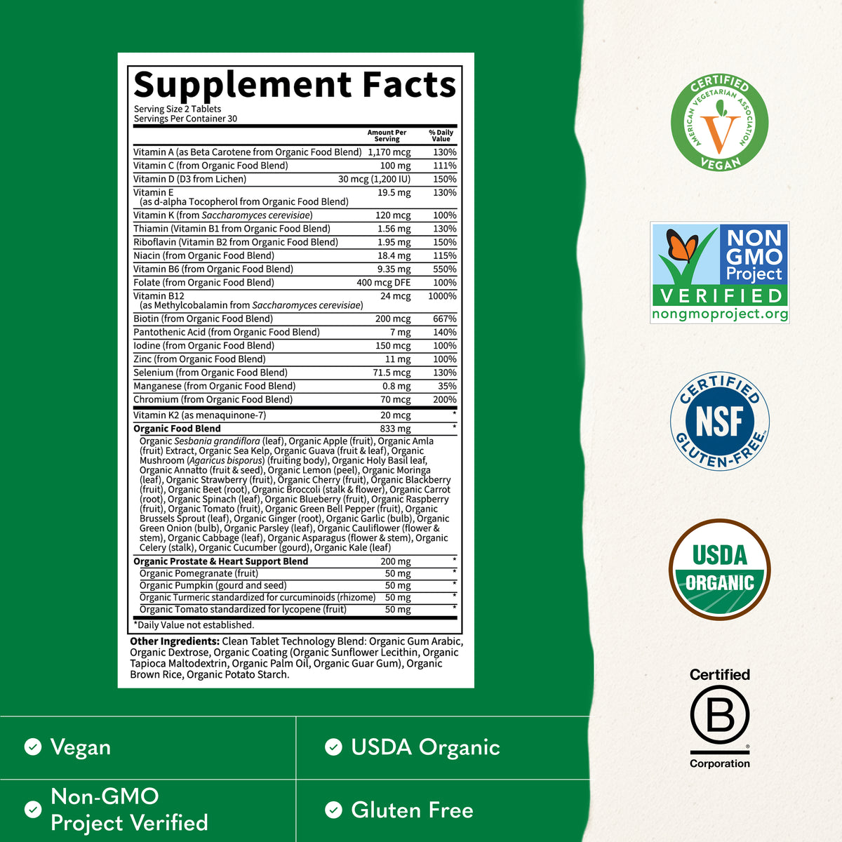 Garden of Life Organics Men's Multi 40+ - Supplement Facts - 60 VEGAN TABLETS