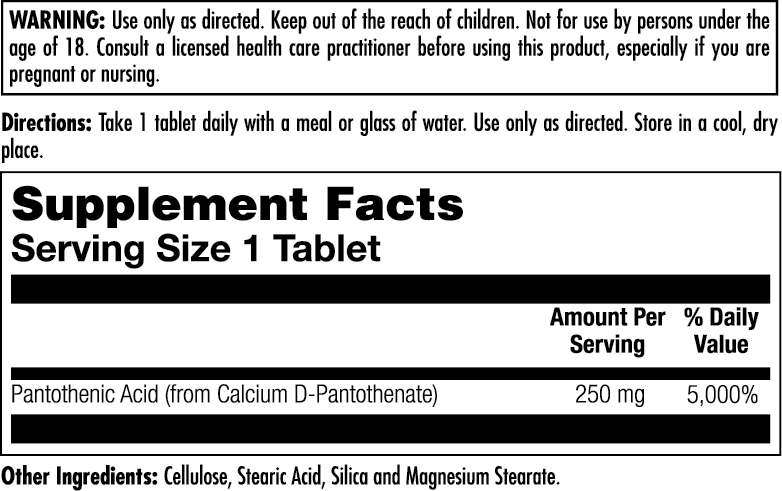 Supplement Facts for Kal Pantothenic Acid Tablets 250 mg