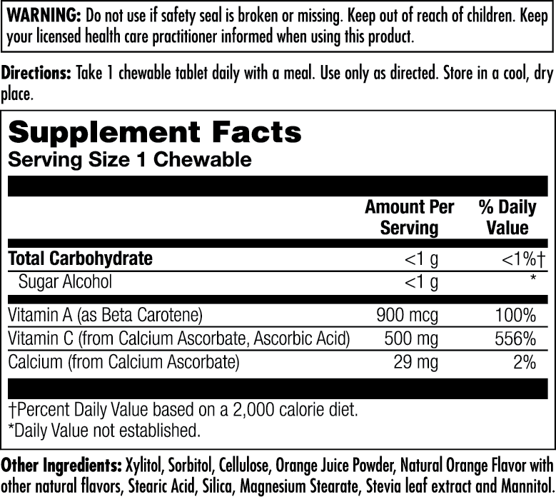 Supplement Facts for Kal C Chewables Sugarless 500 mg