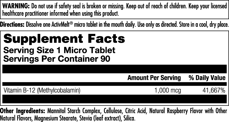 Supplement Facts for Kal B-12 Methylcobalamin 1000 mcg ActivMelt Instant Dissolve Tablets Raspberry