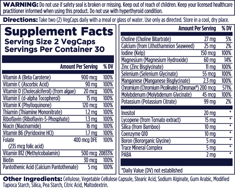 Supplement Facts for Kal Men's 50+ Multivitamin