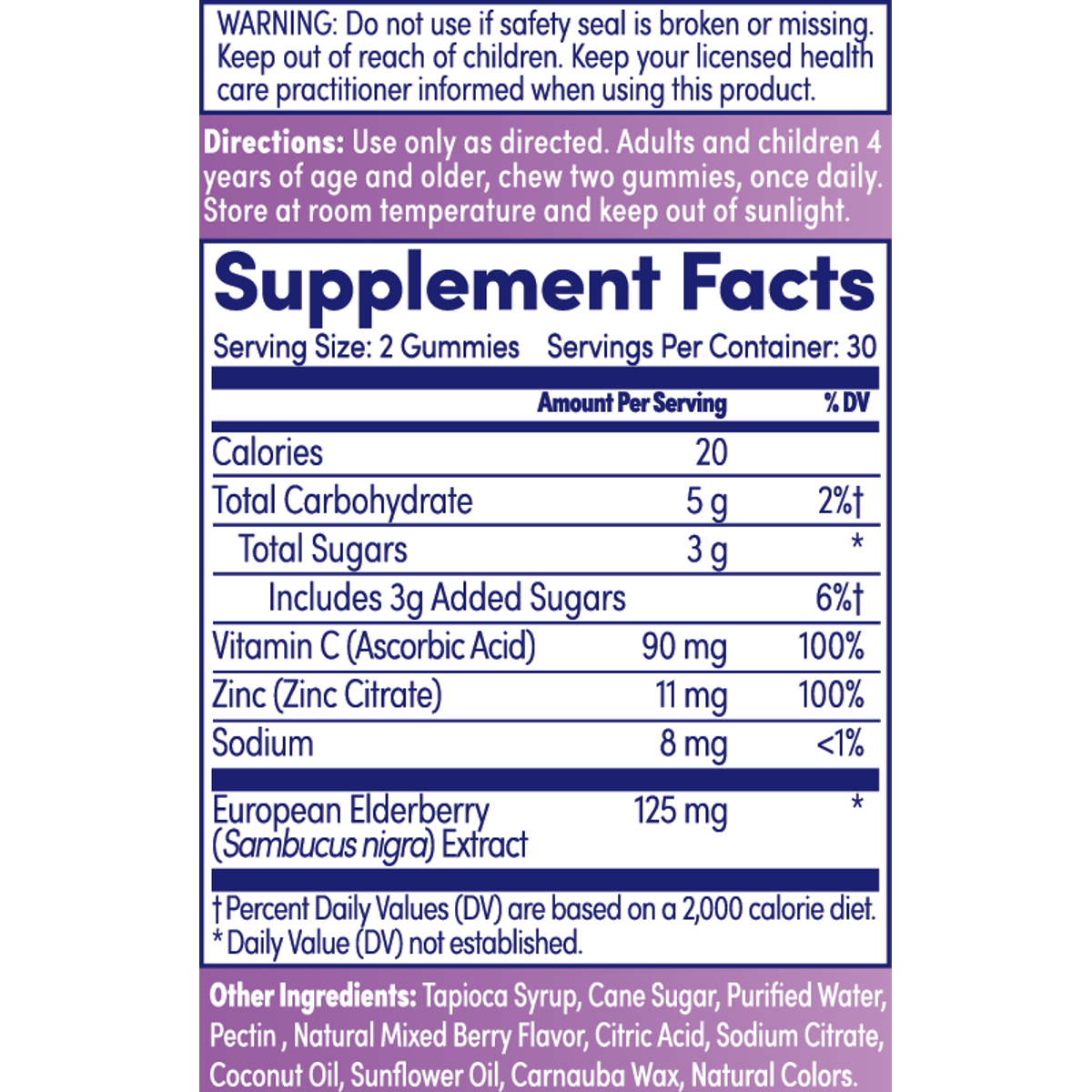 Supplement Facts for Zand Elderberry Zinc Gummies