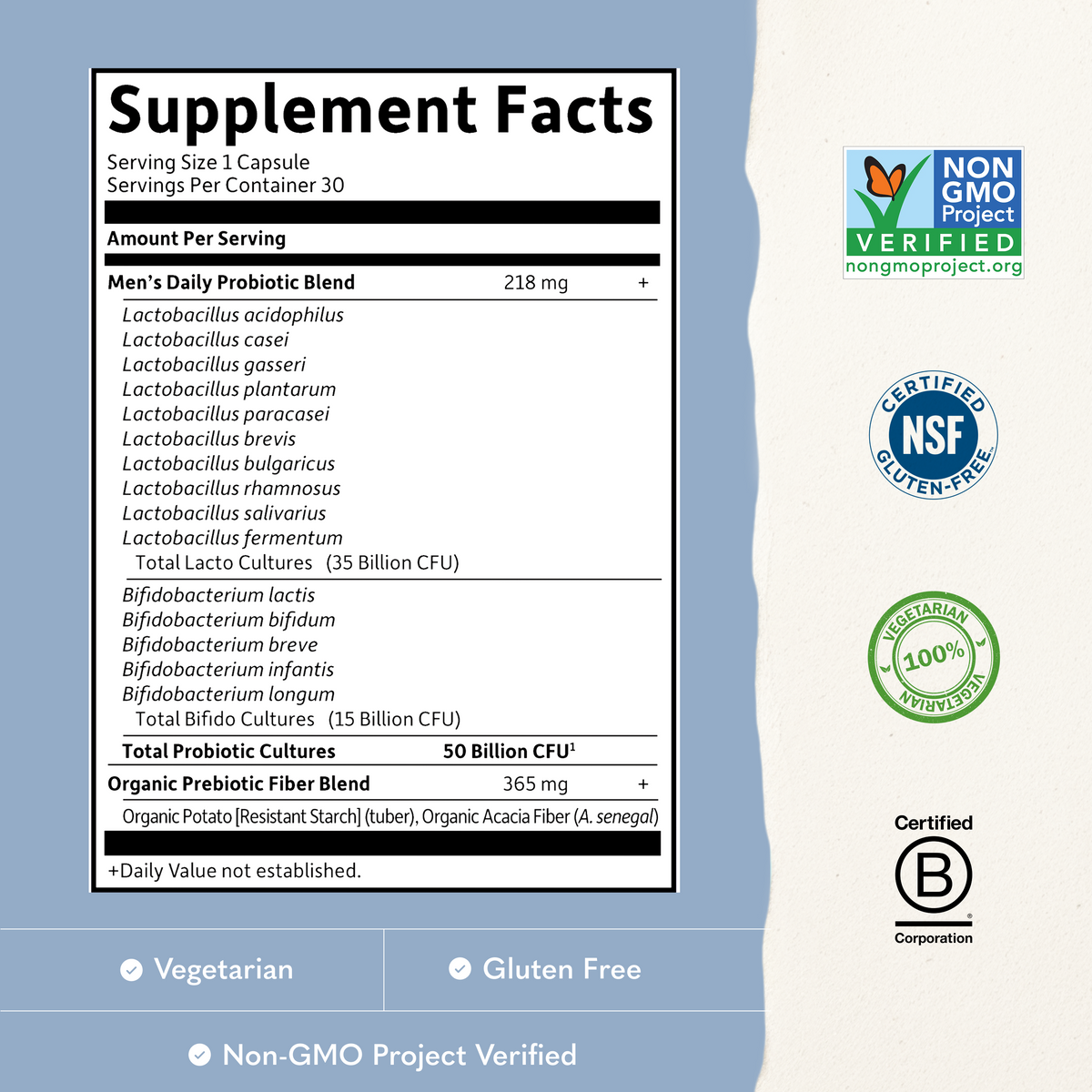 Garden of Life Dr. Formulated Probiotics Once Daily Men's Shelf-Stable - Supplement Facts - 30 VEGE CAPSULES