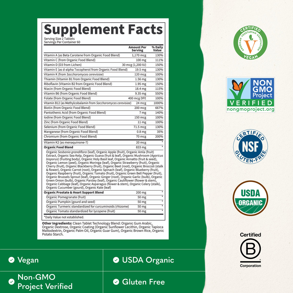 Garden of Life Organics Men's Multi 40+ - Supplement Facts - 120 VEGAN TABLETS