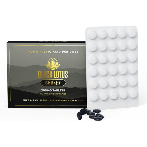 Black Lotus Pure Shilajit Tablets 60 count carton and blister pack