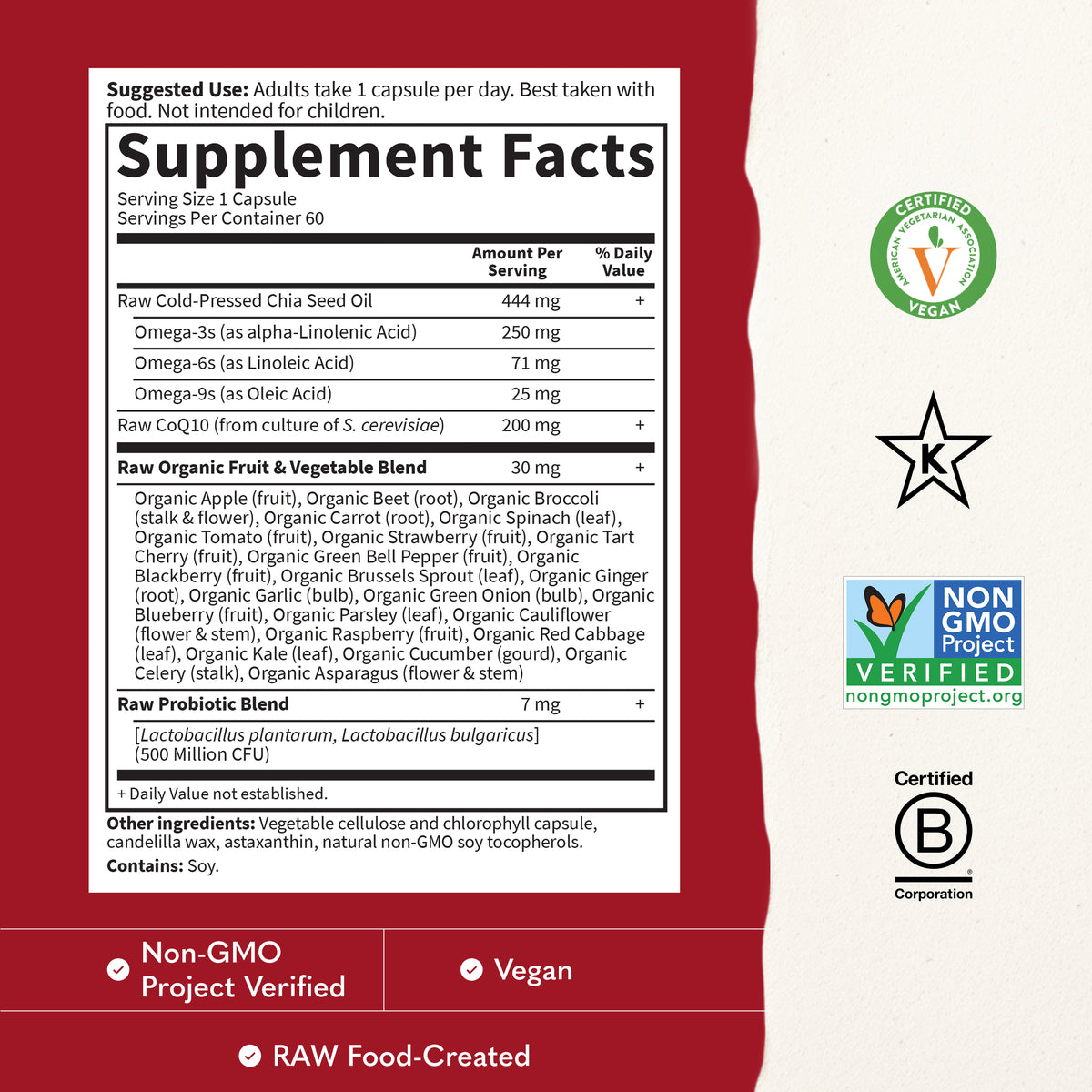 Garden of Life Raw CoQ10 - Supplement Facts - 60 VEGE CAPSULES