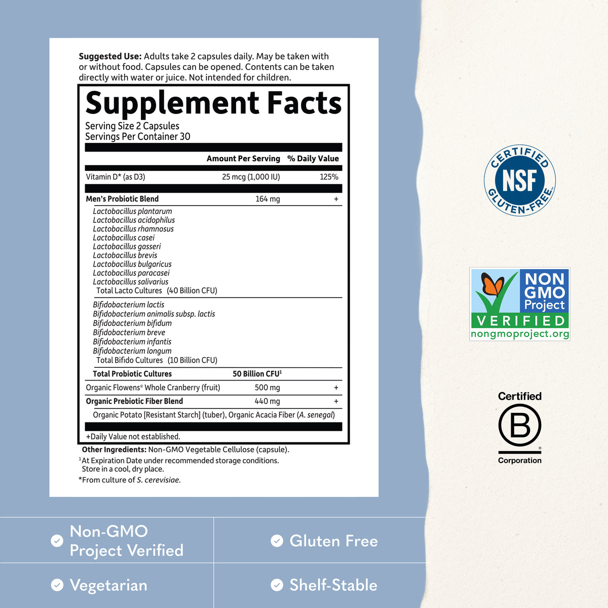 Garden of Life Dr. Formulated Probiotics Prostate+ Shelf-Stable - Supplement Facts - 60 VCAP