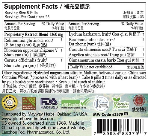 Supplement Facts for Plum Flower You Gui Wan (Right Side Replenishing Teapills)