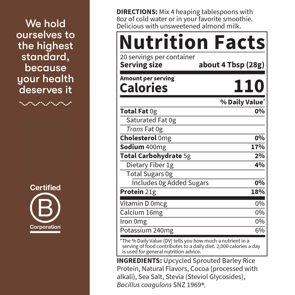 Garden of Life Sprouted Barley Protein + Probiotics Powder - Chocolate - Nutrition Facts - 564 GRAMS