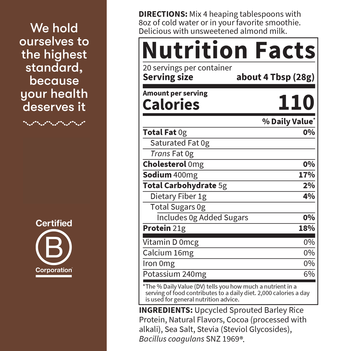 Garden of Life Sprouted Barley Protein + Probiotics Powder - Chocolate - Nutrition Facts - 564 GRAMS