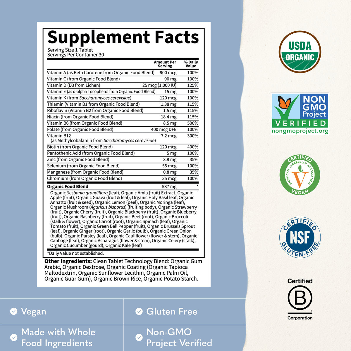 Garden of Life Organics Men's Once Daily - Supplement Facts - 30 VT