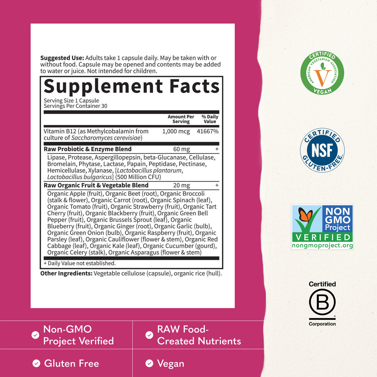 Garden of Life Vitamin Code Raw B-12 1,000 mcg - Supplement Facts - 30 CAPSULES